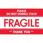 The MH-USA 3 x 5 Fragile - Do Not Double Stack labels feature a red and white design with bold text: PLEASE DO NOT DOUBLE STACK. FRAGILE. THANK YOU. Ideal for wrap-around application, they come in rolls of 500.
