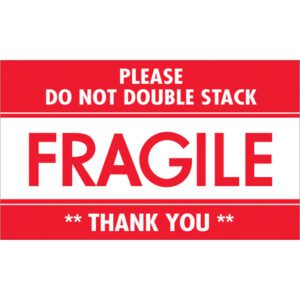 The MH-USA 3 x 5 Fragile - Do Not Double Stack labels feature a red and white design with bold text: PLEASE DO NOT DOUBLE STACK. FRAGILE. THANK YOU. Ideal for wrap-around application, they come in rolls of 500.