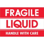A red and white sign with the text Fragile Liquid Handle with Care resembles the MH-USA 2 x 3 labels (500/Roll) for delicate shipments.