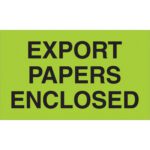 The MH-USA 3 x 5 fluorescent green labels read Export Papers Enclosed in bold black text and come in a convenient roll of 500.