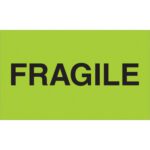 The MH-USA Fluorescent Green Labels, 3 x 5, feature FRAGILE in bold black letters at the center. Sold in rolls of 500, theyre designed to indicate delicate contents needing careful handling.