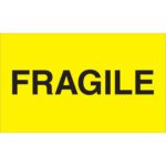 The rectangular sign displays bold black FRAGILE lettering on a fluorescent yellow background, similar to the MH-USA 3 x 5 - Fragile (Fluorescent Yellow) Labels which come in rolls of 500.