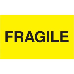 The rectangular sign displays bold black FRAGILE lettering on a fluorescent yellow background, similar to the MH-USA 3 x 5 - Fragile (Fluorescent Yellow) Labels which come in rolls of 500.