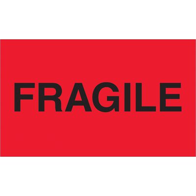DL2423.jpg A fluorescent red sign, like the MH-USA 3 x 5 - Fragile (Fluorescent Red) Labels from a 500-roll pack, boldly displays FRAGILE in black capital letters.