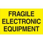 The MH-USA 3 x 5 fluorescent yellow labels reading Fragile Electronic Equipment in bold black font advise caution, similar to a rectangular sign. They come in a convenient roll of 500.