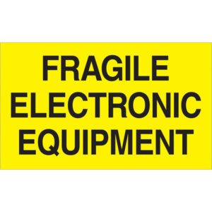 The MH-USA 3 x 5 fluorescent yellow labels reading Fragile Electronic Equipment in bold black font advise caution, similar to a rectangular sign. They come in a convenient roll of 500.