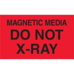 The MH-USA 3 x 5 labels feature a fluorescent red design with bold black text reading MAGNETIC MEDIA DO NOT X-RAY, perfect for protecting sensitive materials. Available in rolls of 500.