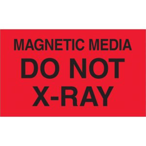 The MH-USA 3 x 5 labels feature a fluorescent red design with bold black text reading MAGNETIC MEDIA DO NOT X-RAY, perfect for protecting sensitive materials. Available in rolls of 500.