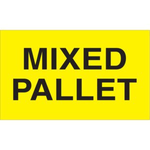 A fluorescent yellow sign displaying MIXED PALLET resembles the MH-USA 3 x 5 - Mixed Pallet (Fluorescent Yellow) Labels, which come in rolls of 500, guaranteeing visibility and clarity in any setting.