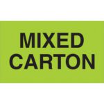 A bright green sign boldly declares MIXED CARTON, like the MH-USA 3 x 5 fluorescent green Mixed Carton labels, with each roll containing 500 for efficient organization.