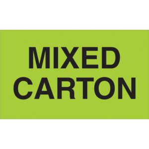 A bright green sign boldly declares MIXED CARTON, like the MH-USA 3 x 5 fluorescent green Mixed Carton labels, with each roll containing 500 for efficient organization.