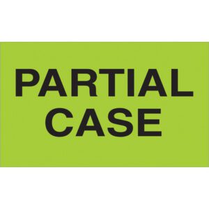 The MH-USA 3 x 5 Partial Case fluorescent green label with bold black all-caps text ensures clear visibility. Comes in a roll of 500.