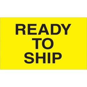 A vibrant yellow sign with bold black text saying READY TO SHIP matches the MH-USA 3 x 5 - Ready to Ship (Fluorescent Yellow) Labels, which come in rolls of 500.