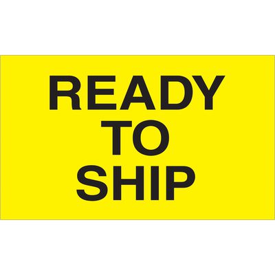 DL2641.jpg A vibrant yellow sign with bold black text saying READY TO SHIP matches the MH-USA 3 x 5 - Ready to Ship (Fluorescent Yellow) Labels, which come in rolls of 500.