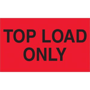 A bold TOP LOAD ONLY sign in vivid fluorescent red, similar to MH-USAs 3 x 5 labels (500/roll), is ideal for high visibility in any setting.