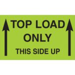 A fluorescent green label like the MH-USA 3 x 5 - Top Load Only - This Side Up features black text stating TOP LOAD ONLY and THIS SIDE UP, with two upward-pointing black arrows for correct handling.