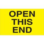 MH-USA offers rolls of 500 fluorescent yellow 3 x 5 labels with bold black text stating Open This End, ensuring clear handling instructions.