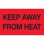 A red rectangular sign with bold black text reads KEEP AWAY FROM HEAT, matching MH-USA 3 x 5 fluorescent red labels, available in rolls of 500.