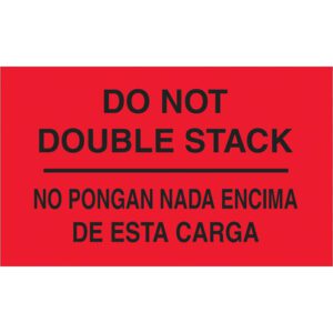 The MH-USA 3 x 5 fluorescent red labels, displaying DO NOT DOUBLE STACK and NO PONGAN NADA ENCIMA DE ESTA CARGA, ensure clarity. Each roll contains 500 durable warning labels.