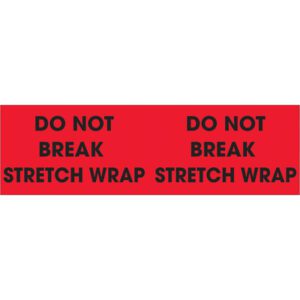 The MH-USA 3 x 10 fluorescent red labels boldly state DO NOT BREAK STRETCH WRAP twice and come in rolls of 500, ensuring clear communication and visibility.