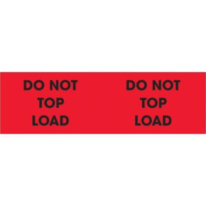 The MH-USA 3 x 10 fluorescent red labels with DO NOT TOP LOAD in bold black text, repeated twice for emphasis, come in rolls of 500 ensuring clear handling instructions.
