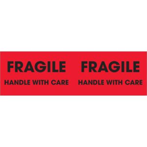 The MH-USA 3 x 10 fluorescent red labels read Fragile - Handle With Care in bold black text, repeated twice for clarity. Each roll has 500 labels to ensure your packages are handled gently.