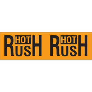 The MH-USA 3 x 10 Hot Rush Fluorescent Orange labels feature bold RUSH HOT text in a square layout, with HOT above the letters R and U, packaged as 500 labels per roll.
