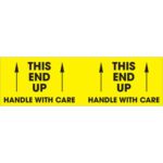 The MH-USA 3 x 10 labels in fluorescent yellow feature This End Up and Handle With Care, each with an upward black arrow, ensuring safety. Available in rolls of 500.