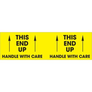The MH-USA 3 x 10 labels in fluorescent yellow feature This End Up and Handle With Care, each with an upward black arrow, ensuring safety. Available in rolls of 500.