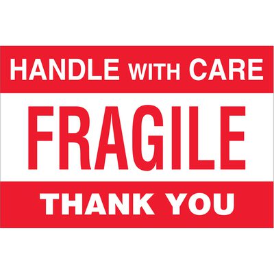 DL3182.jpg A red and white sign reads HANDLE WITH CARE FRAGILE THANK YOU in bold red letters, similar to MH-USA 4 x 6 - Fragile - Handle With Care Labels (500/Roll).