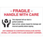 The MH-USA 4 x 6 series Fragile - Handle With Care labels (500/roll) feature red text, an icon of hands holding a box, and black instructions to check shipments for damage or quantity before signing. Note any issues on the bill of lading for carrier claims.