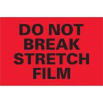 The MH-USA 4 x 6 fluorescent red labels read DO NOT BREAK STRETCH WRAP, and they come in rolls of 500.