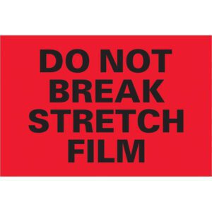 The MH-USA 4 x 6 fluorescent red labels read DO NOT BREAK STRETCH WRAP, and they come in rolls of 500.