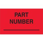 The MH-USA 3 x 5 fluorescent red labels, featuring PART NUMBER in black capitals and a custom line, are perfect for organizing. These labels come in rolls of 500, ideal for enhancing inventory systems.