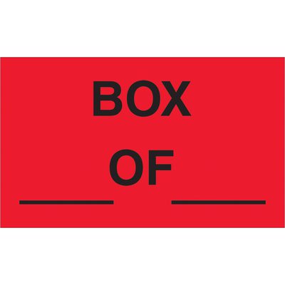 DL3221.jpg The MH-USA 3 x 5 fluorescent red labels feature Box ___ of ___ in black, reminiscent of classic styles, with two horizontal lines below for added labeling. Ideal for organization, these labels are available in rolls of 500.