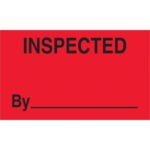 The MH-USA 3 x 5 fluorescent red labels feature Inspected By in bold black at the top with a blank line for a name or signature, providing clear visibility and organization. Sold as rolls of 500 labels each.