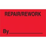 The MH-USA 3 x 5 Repair/Rework By fluorescent red labels feature bold black text at the top and a blank line for a name or signature below. They come in rolls of 500, ideal for efficient organization and identification.
