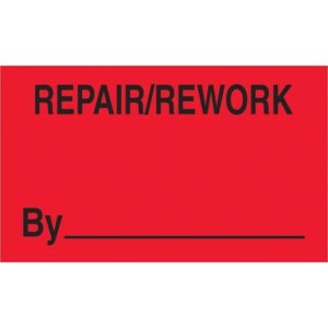 The MH-USA 3 x 5 Repair/Rework By fluorescent red labels feature bold black text at the top and a blank line for a name or signature below. They come in rolls of 500, ideal for efficient organization and identification.