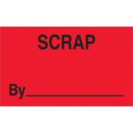 The MH-USA 3 x 5 fluorescent red labels have SCRAP in bold black letters at the top, a By line for details, and come in rolls of 500.