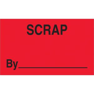 The MH-USA 3 x 5 fluorescent red labels have SCRAP in bold black letters at the top, a By line for details, and come in rolls of 500.