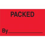 The MH-USA 3 x 5 fluorescent red labels feature PACKED in bold black at the top and By with space for a name, ideal for labeling, and come in rolls of 500.
