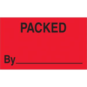 The MH-USA 3 x 5 fluorescent red labels feature PACKED in bold black at the top and By with space for a name, ideal for labeling, and come in rolls of 500.