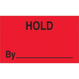 The MH-USA 3 x 5 labels are fluorescent red with HOLD in bold black at the top and a line labeled Hold By for additional details. Each roll contains 500 labels.