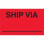 The MH-USA 3 x 5 fluorescent red labels feature bold black SHIP VIA text at the top, a horizontal line for details, and come in rolls of 500—ensuring clear shipping instructions.