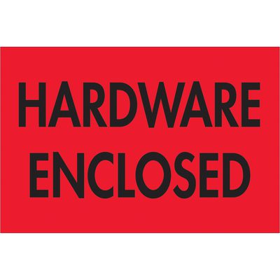 DL3591.jpg A rectangular sign similar to the MH-USA 2 x 3 Hardware Enclosed labels (fluorescent red, 500 per roll) displays bold black text stating HARDWARE ENCLOSED.