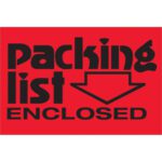 The MH-USA 2 x 3 fluorescent red labels read Packing List Enclosed with a downward arrow, featuring bold black text. Each roll includes 500 labels to ensure your packages are clearly and effectively marked.