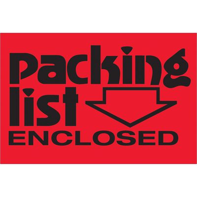 DL3611.jpg The MH-USA 2 x 3 fluorescent red labels read Packing List Enclosed with a downward arrow, featuring bold black text. Each roll includes 500 labels to ensure your packages are clearly and effectively marked.