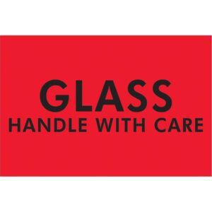 Bold black GLASS HANDLE WITH CARE text on MH-USA’s 2 x 3 fluorescent red labels ensures visibility. Perfect for shipping fragile items safely, these labels come with 500 per roll. Ideal for labeling needs.