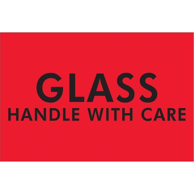 DL3621.jpg Bold black GLASS HANDLE WITH CARE text on MH-USA’s 2 x 3 fluorescent red labels ensures visibility. Perfect for shipping fragile items safely, these labels come with 500 per roll. Ideal for labeling needs.