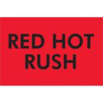 A vibrant fluorescent red MH-USA 2 x 3 label with bold Red Hot Rush text is ideal for attracting attention.